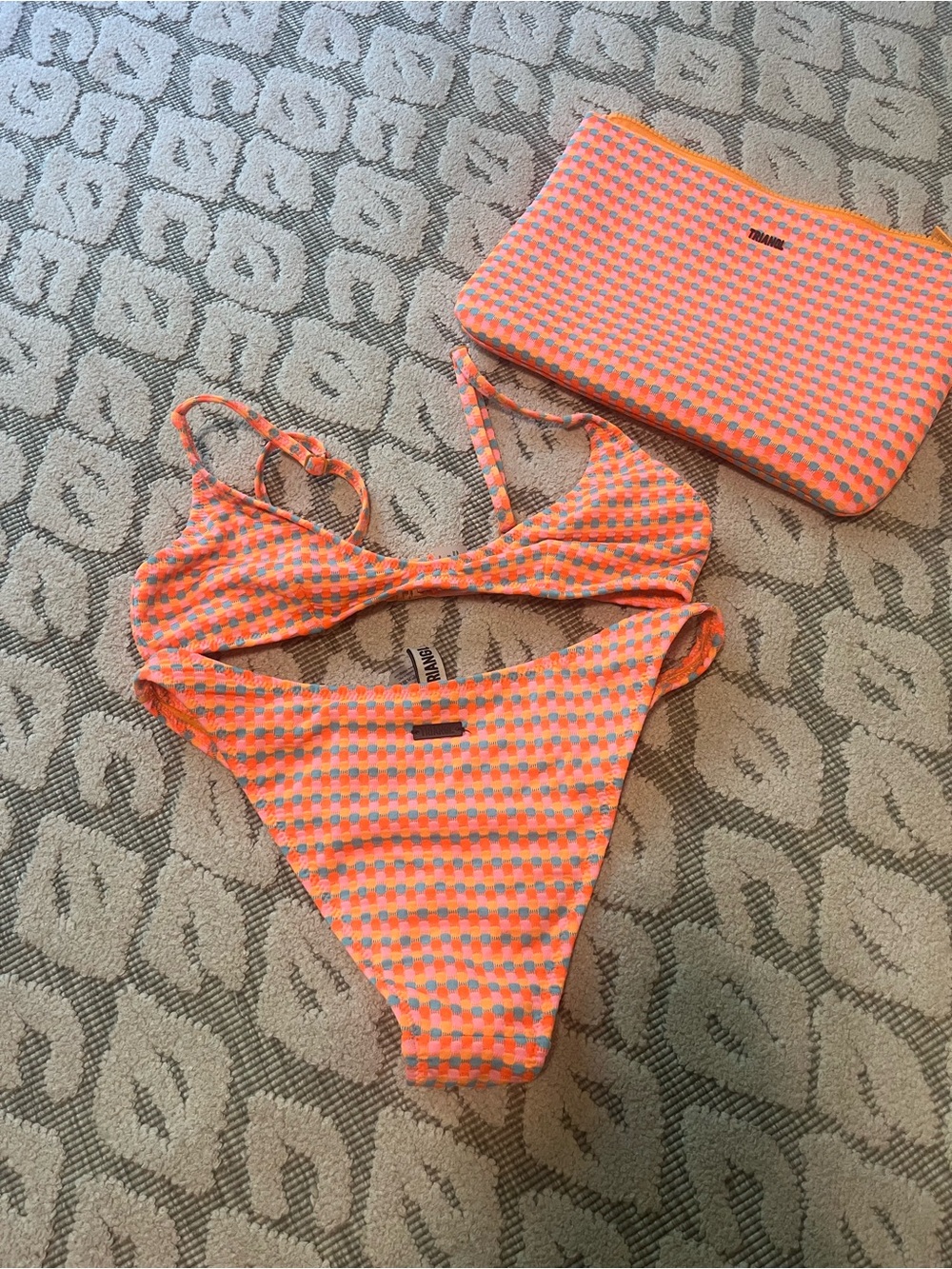 triangl swimwear Neon Orange and Pink Patterned Bikini Top with Blue Accents - Picture 2 of 3